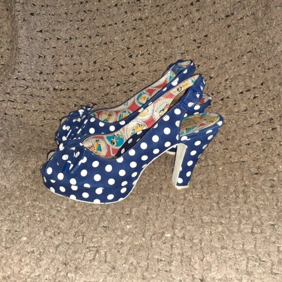 MISS L-FIRE-Suede-Navy/White Polka Dot Retro Style Slingback-Sz 8-Excellent - Picture 2 of 8